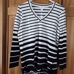 LOFT Outlet Women's Black and White Striped V-Neck Top
